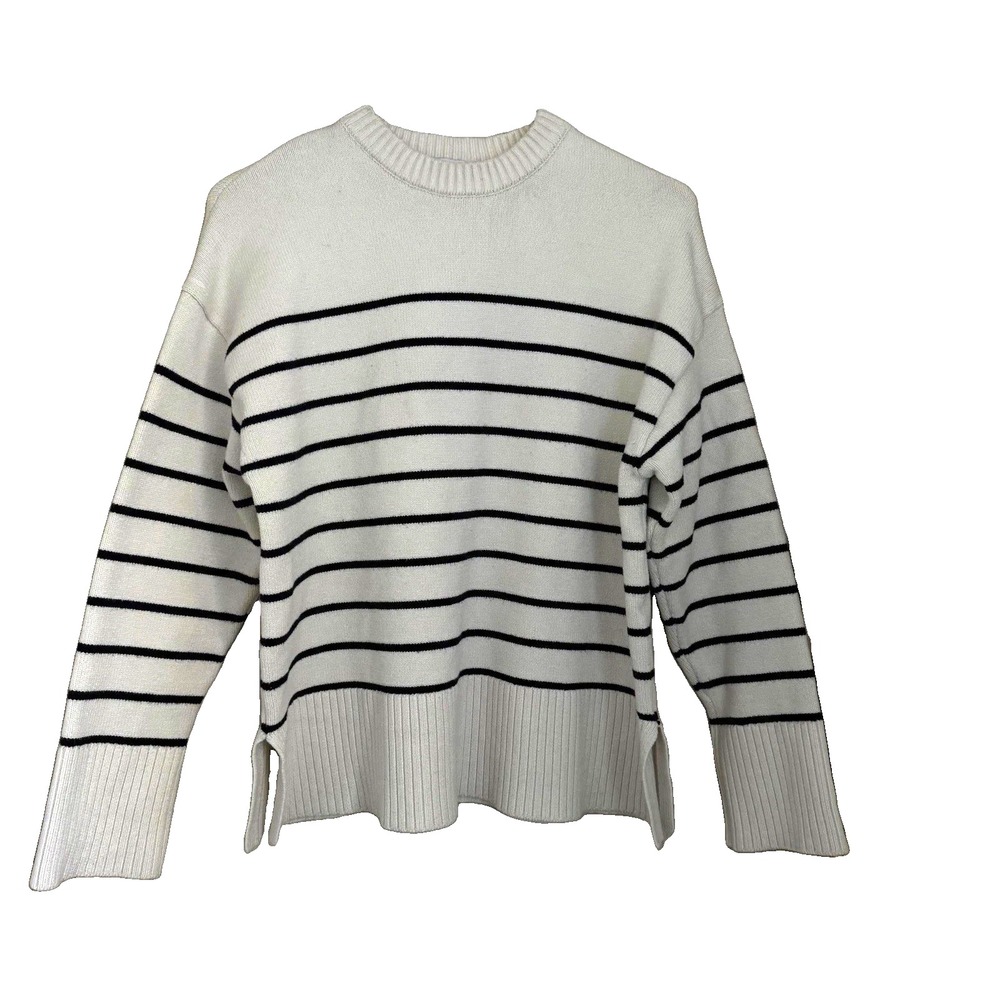 ZARA Cream Black Striped Mock Neck Sweater S Ribbed Hem Relaxed Coastal Parisian